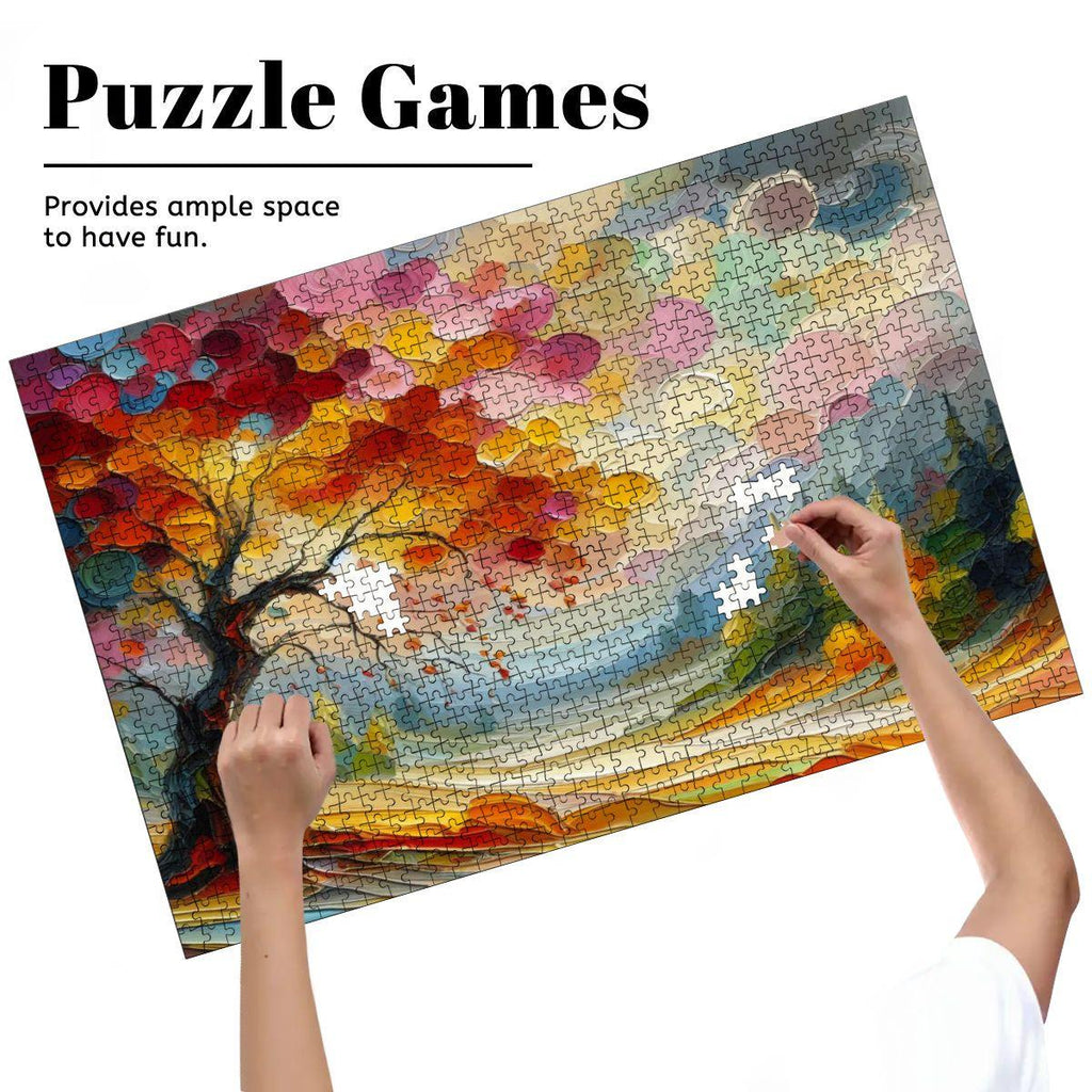 Impressionist autumn tree wooden puzzle with 1000 pieces featuring vibrant swirling brushstrokes and colorful hills — view 5