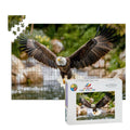 Majestic bald eagle wooden puzzle soaring over a serene river, crafted from premium eco-friendly basswood