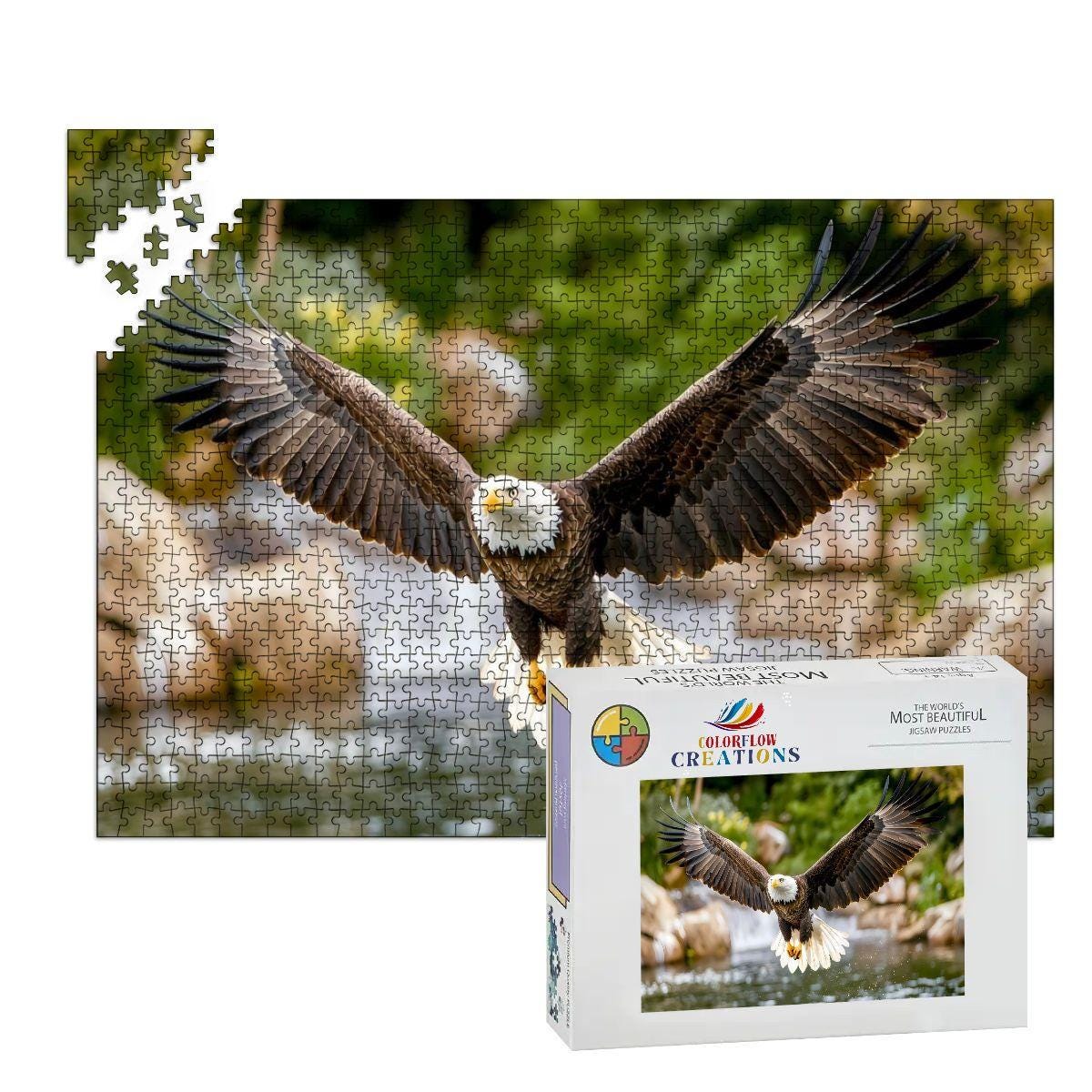 Majestic bald eagle wooden puzzle soaring over a serene river, crafted from premium eco-friendly basswood