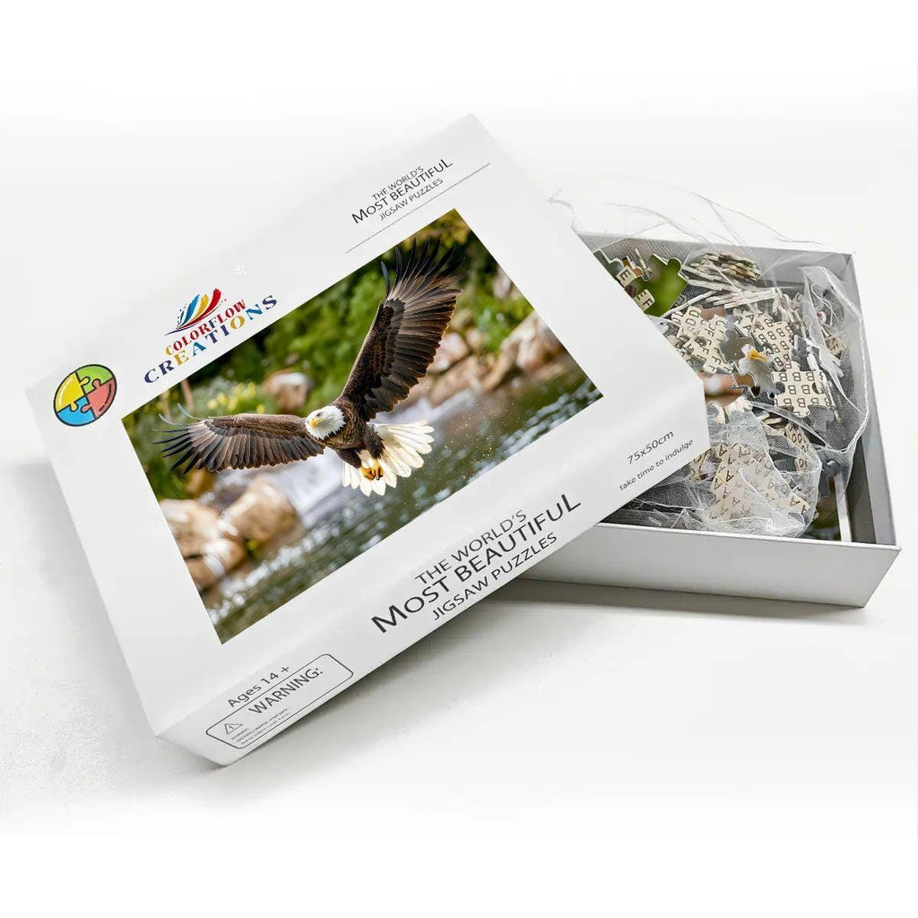 Majestic bald eagle wooden puzzle soaring over a serene river, crafted from premium eco-friendly basswood — view 3