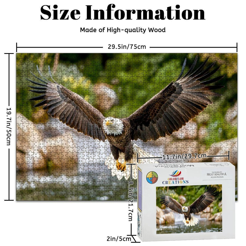 Majestic bald eagle wooden puzzle soaring over a serene river, crafted from premium eco-friendly basswood — view 4