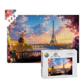 Wooden puzzle of the Eiffel Tower at sunset framed by a Parisian balcony and pink florals