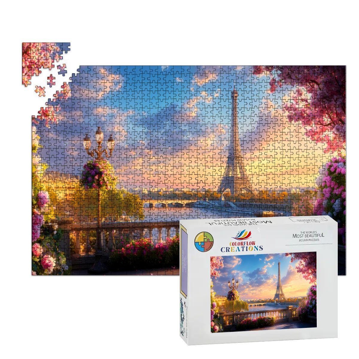 Wooden puzzle of the Eiffel Tower at sunset framed by a Parisian balcony and pink florals