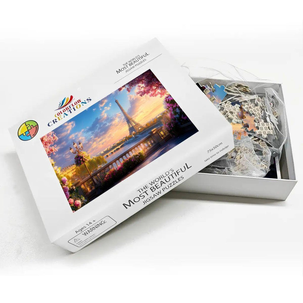 Wooden puzzle of the Eiffel Tower at sunset framed by a Parisian balcony and pink florals — view 3