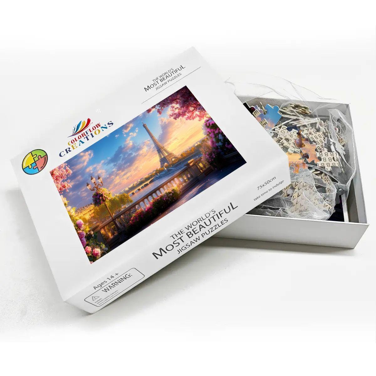 Wooden puzzle of the Eiffel Tower at sunset framed by a Parisian balcony and pink florals — view 3