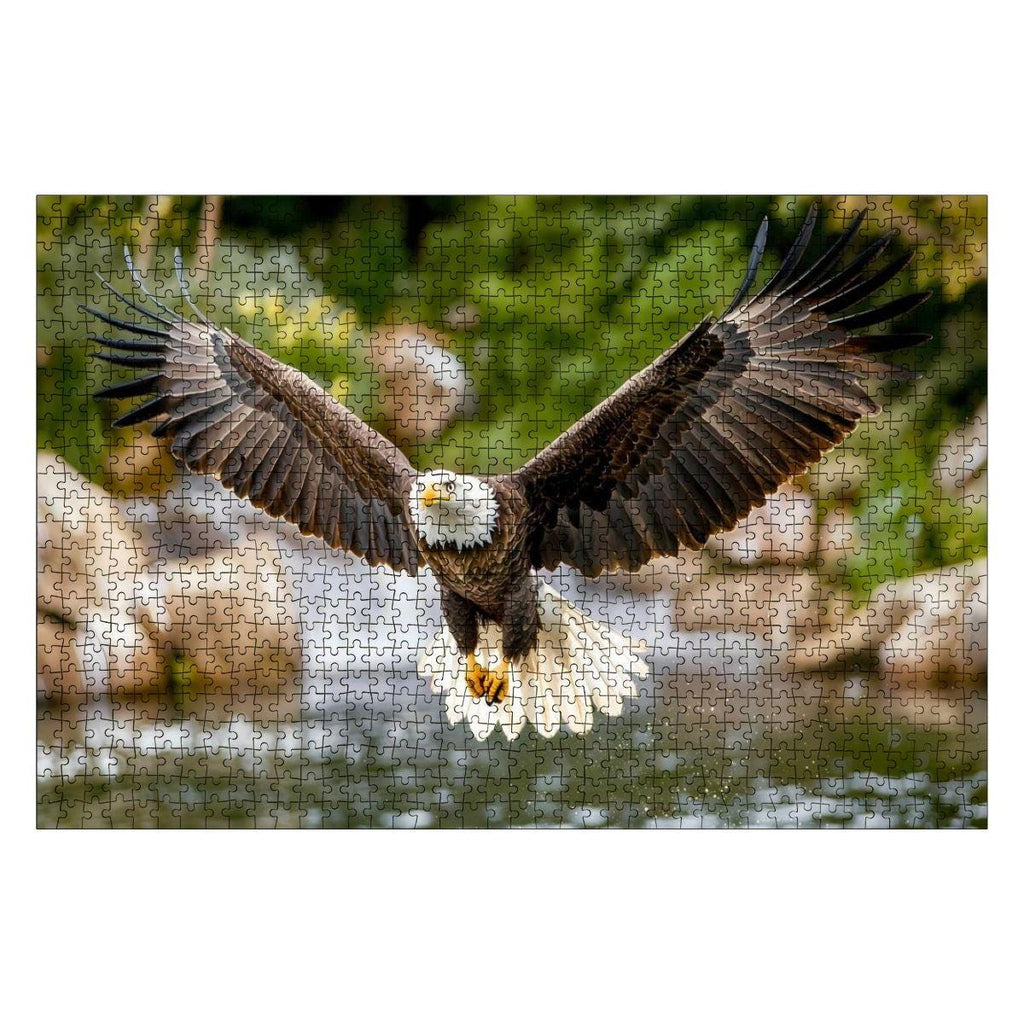 Majestic bald eagle wooden puzzle soaring over a serene river, crafted from premium eco-friendly basswood — view 2