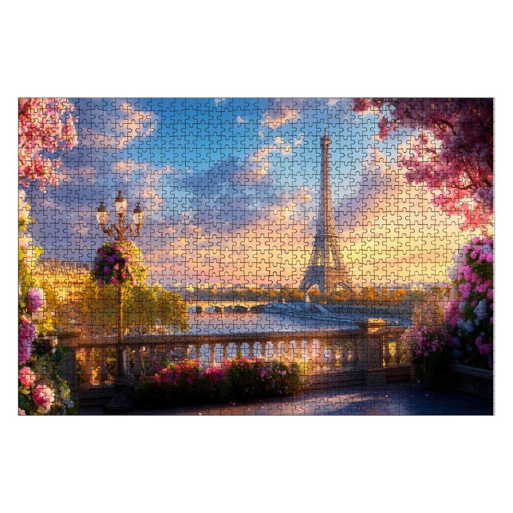 Wooden puzzle of the Eiffel Tower at sunset framed by a Parisian balcony and pink florals — view 2