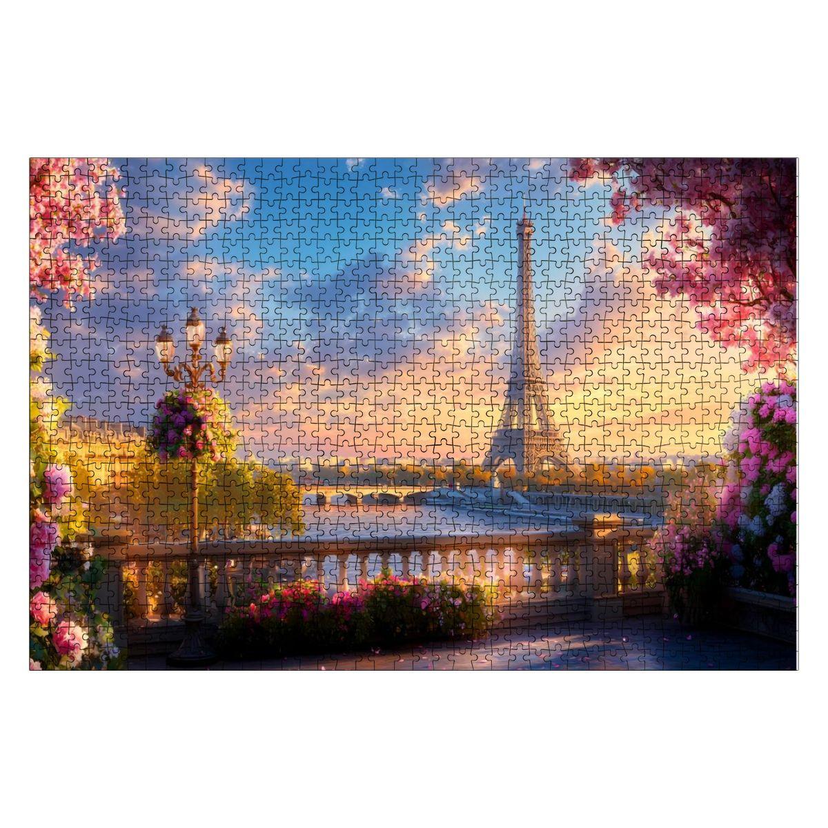 Wooden puzzle of the Eiffel Tower at sunset framed by a Parisian balcony and pink florals — view 2