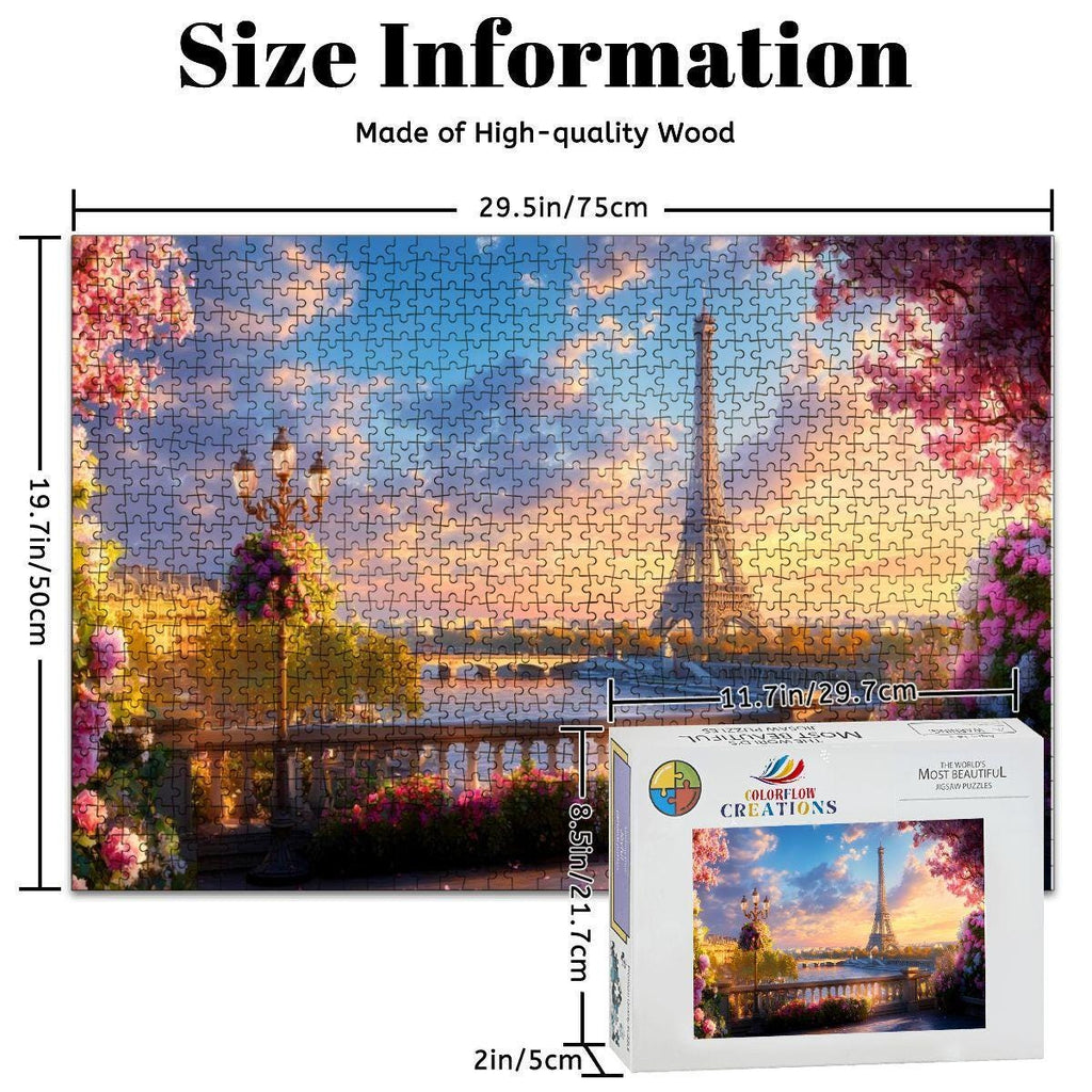 Wooden puzzle of the Eiffel Tower at sunset framed by a Parisian balcony and pink florals — view 4