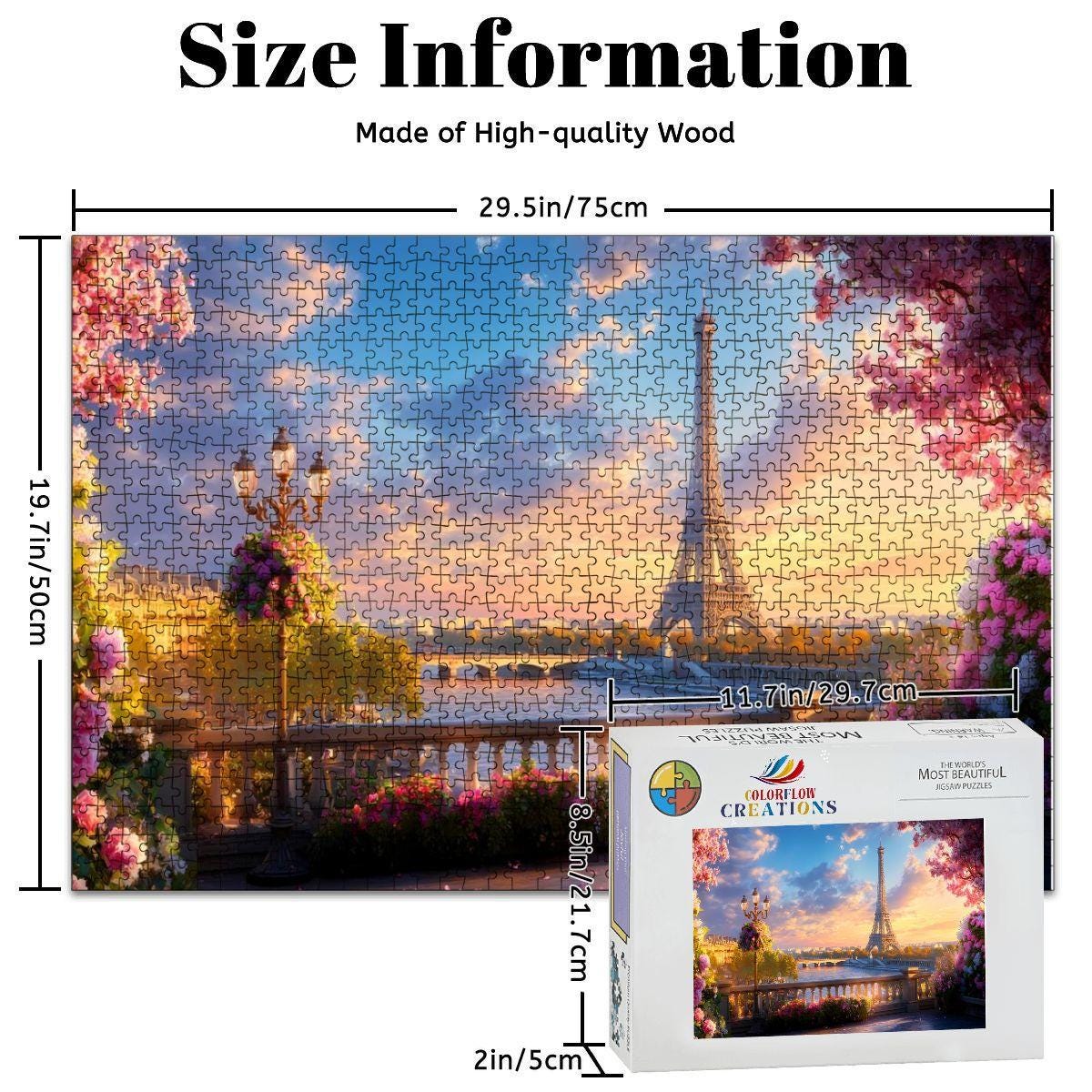Wooden puzzle of the Eiffel Tower at sunset framed by a Parisian balcony and pink florals — view 4