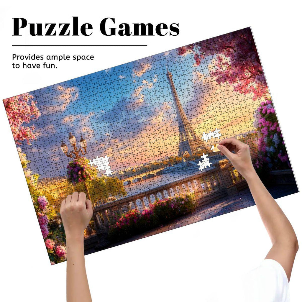 Wooden puzzle of the Eiffel Tower at sunset framed by a Parisian balcony and pink florals — view 5