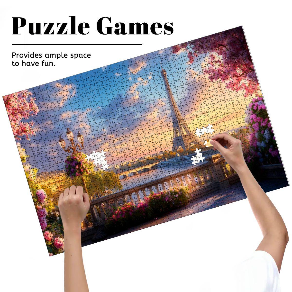 Wooden puzzle of the Eiffel Tower at sunset framed by a Parisian balcony and pink florals — view 5