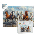 Beach Stallions wooden puzzle featuring majestic horses galloping on a sandy beach in vibrant painterly style