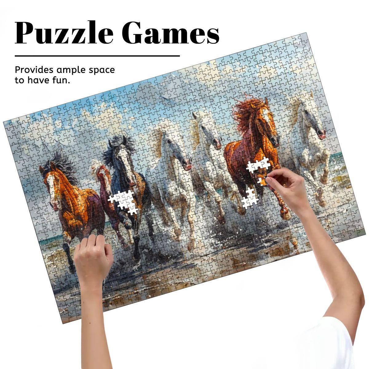 Beach Stallions wooden puzzle featuring majestic horses galloping on a sandy beach in vibrant painterly style — view 5