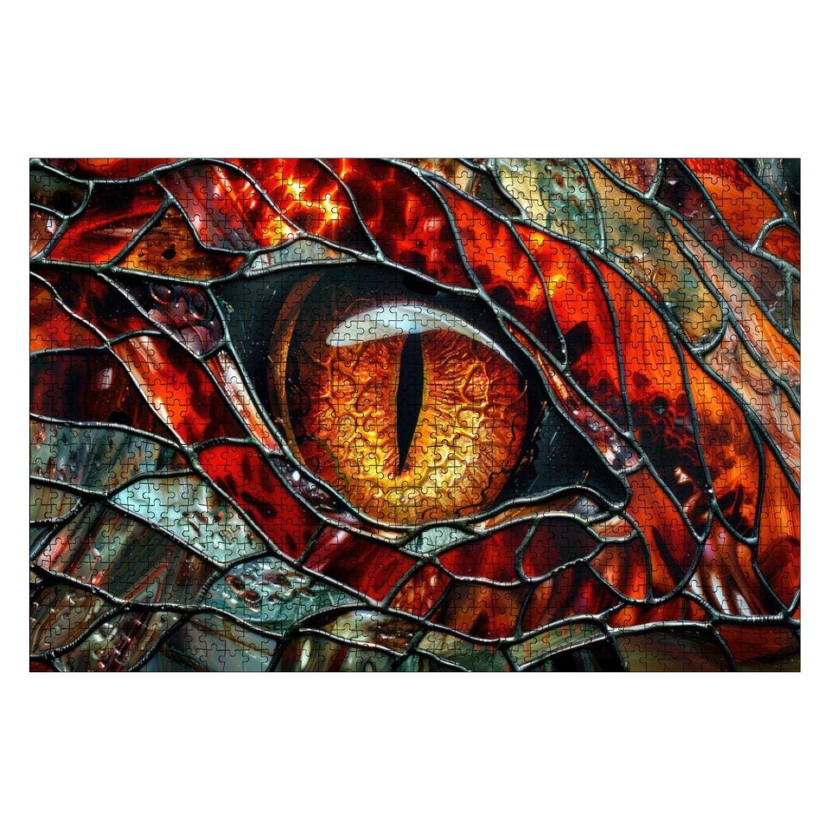 Inferno Dragon Gaze wooden puzzle showing vibrant fiery red and gold stained glass reptilian eye — view 2