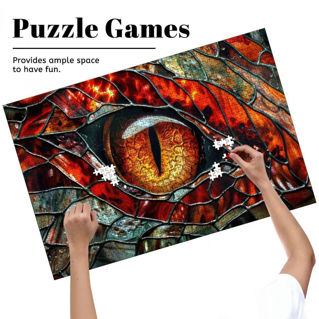 Inferno Dragon Gaze wooden puzzle showing vibrant fiery red and gold stained glass reptilian eye — view 5
