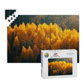 ColorFlow 1000 piece wooden jigsaw puzzle featuring a vibrant golden autumn aspen tree forest landscape