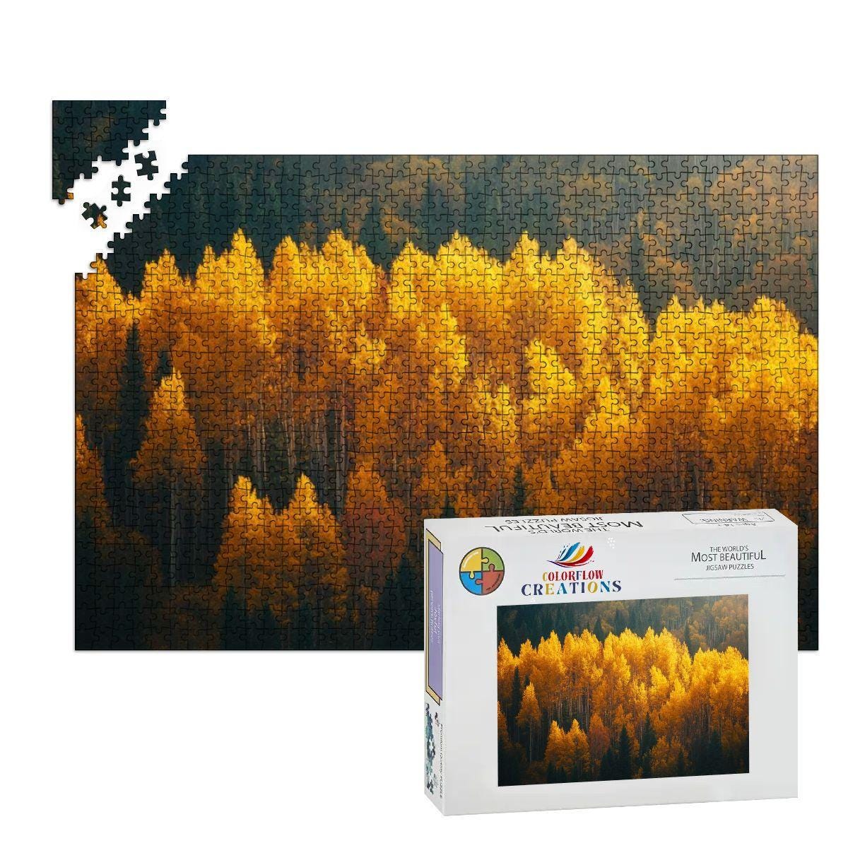 ColorFlow 1000 piece wooden jigsaw puzzle featuring a vibrant golden autumn aspen tree forest landscape