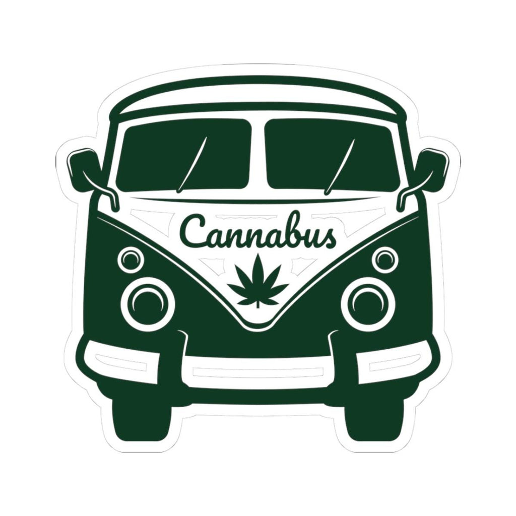 Retro minimalist Cannabus van vinyl sticker with a green marijuana leaf for laptops and cars