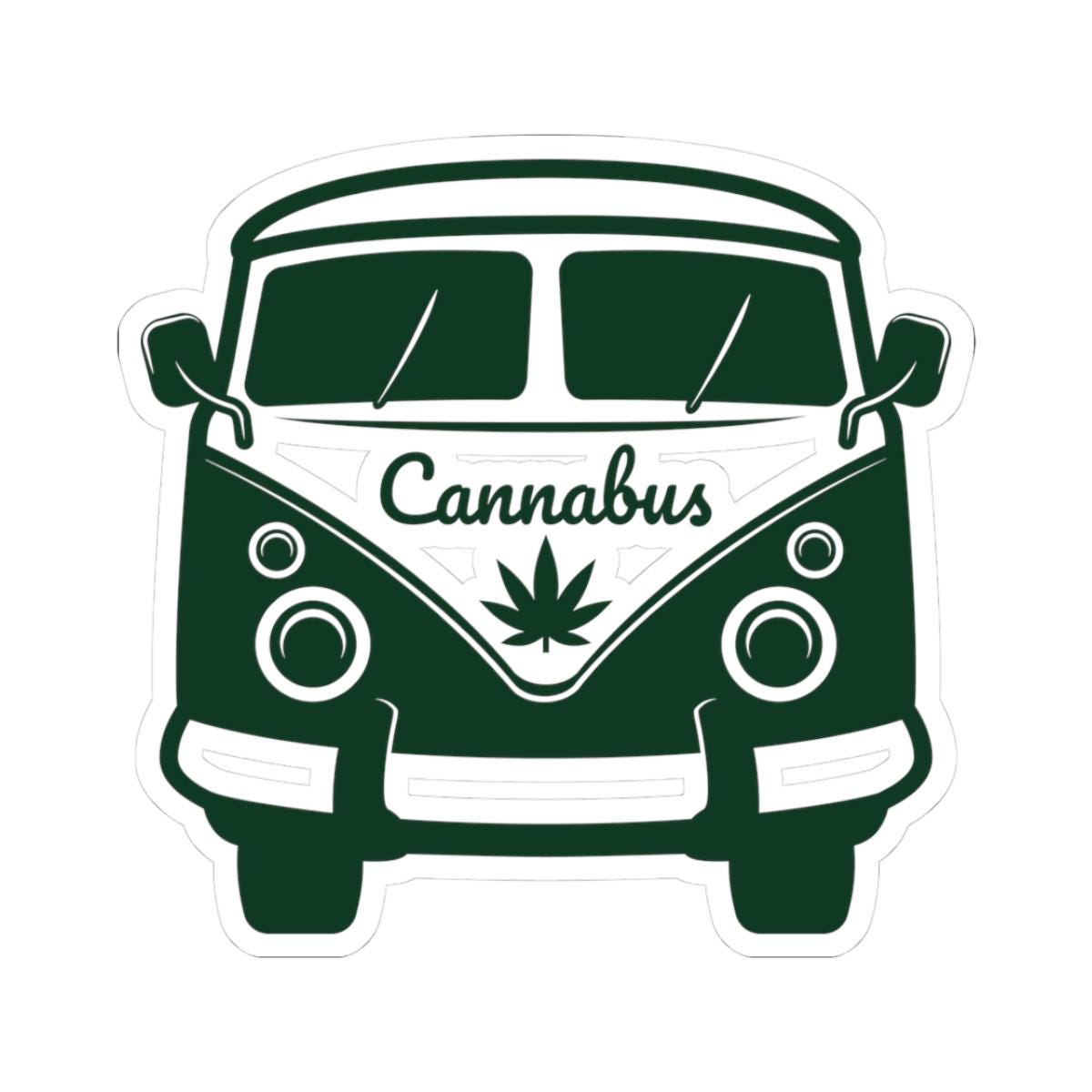 Retro minimalist Cannabus van vinyl sticker with a green marijuana leaf for laptops and cars