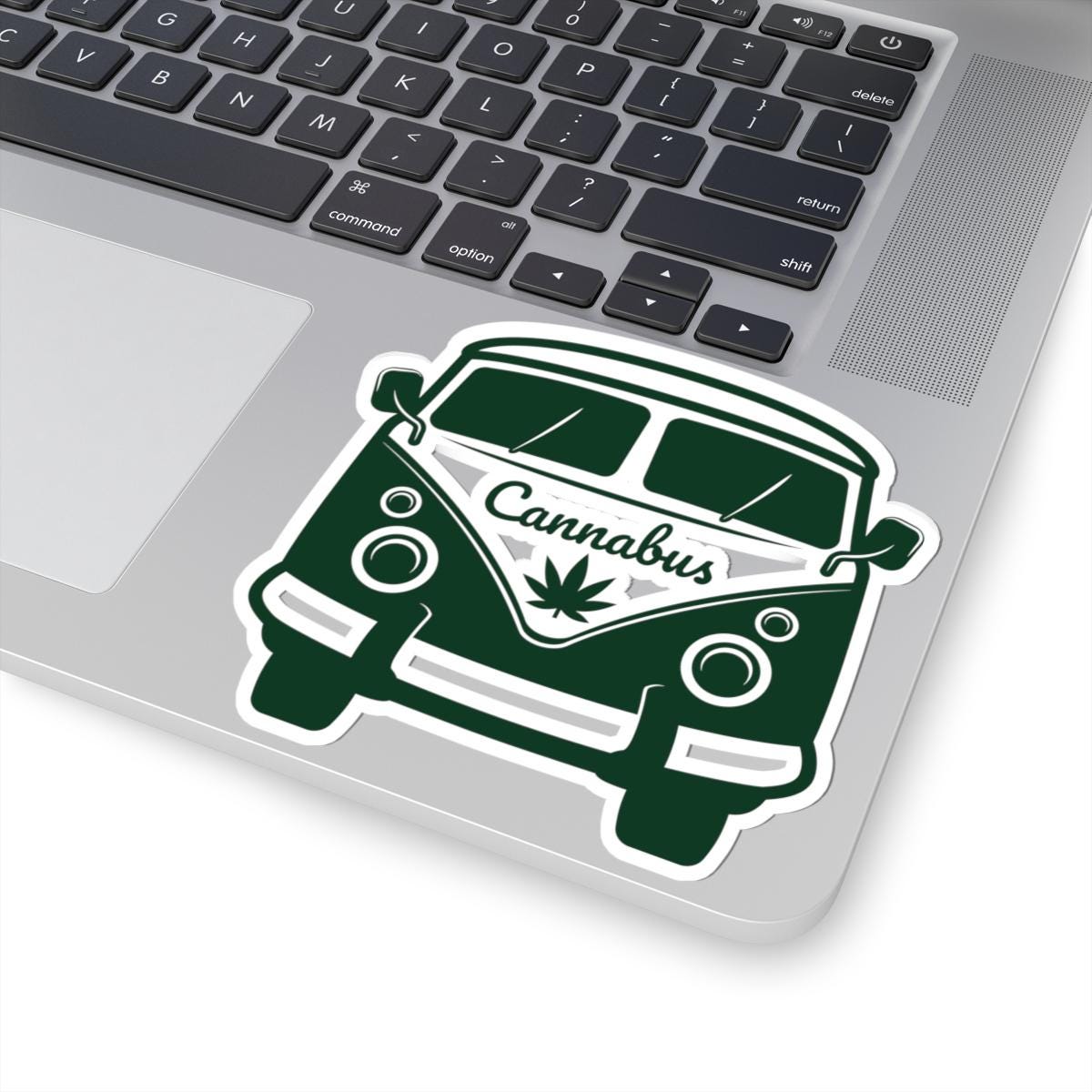 Retro minimalist Cannabus van vinyl sticker with a green marijuana leaf for laptops and cars — view 2