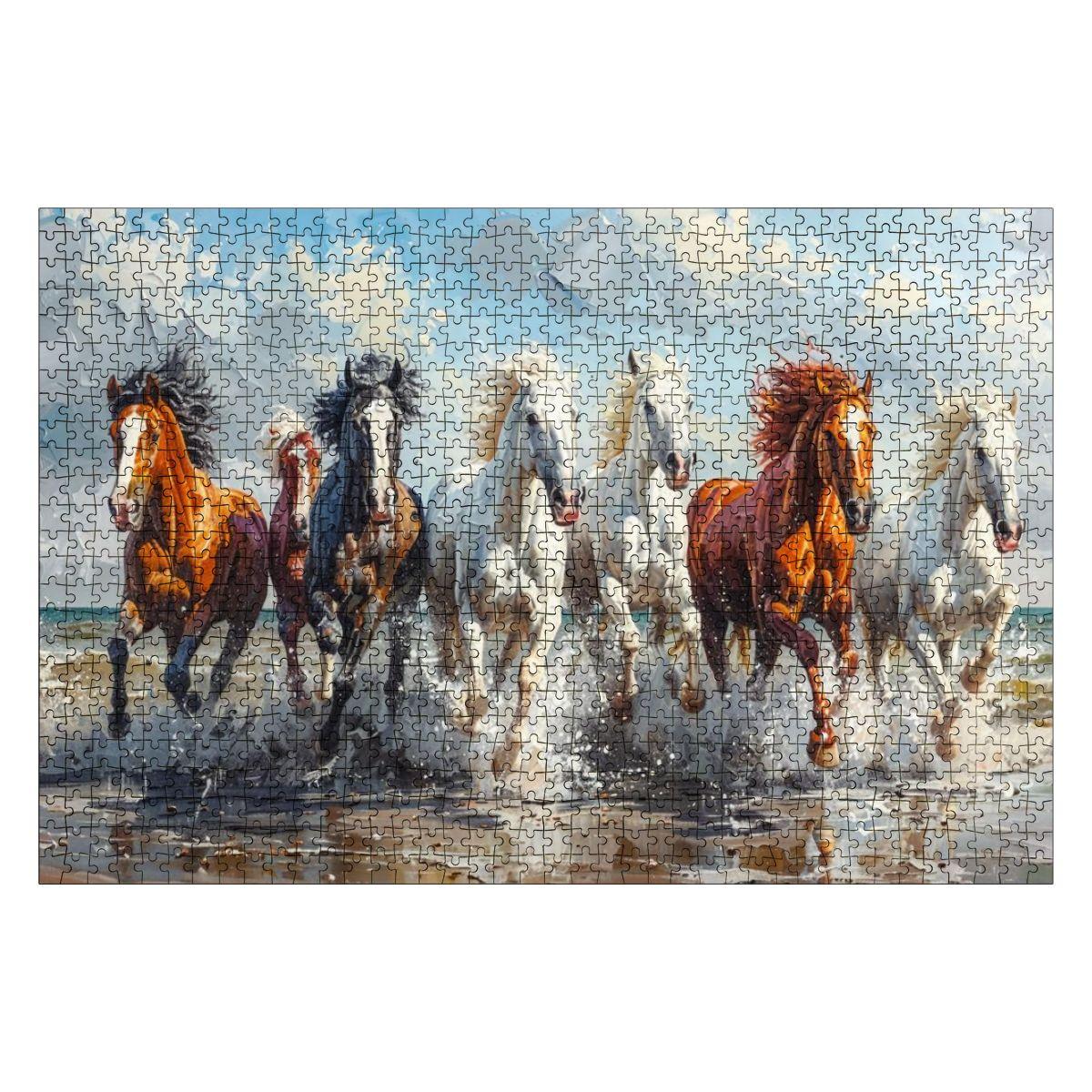 Beach Stallions wooden puzzle featuring majestic horses galloping on a sandy beach in vibrant painterly style — view 2