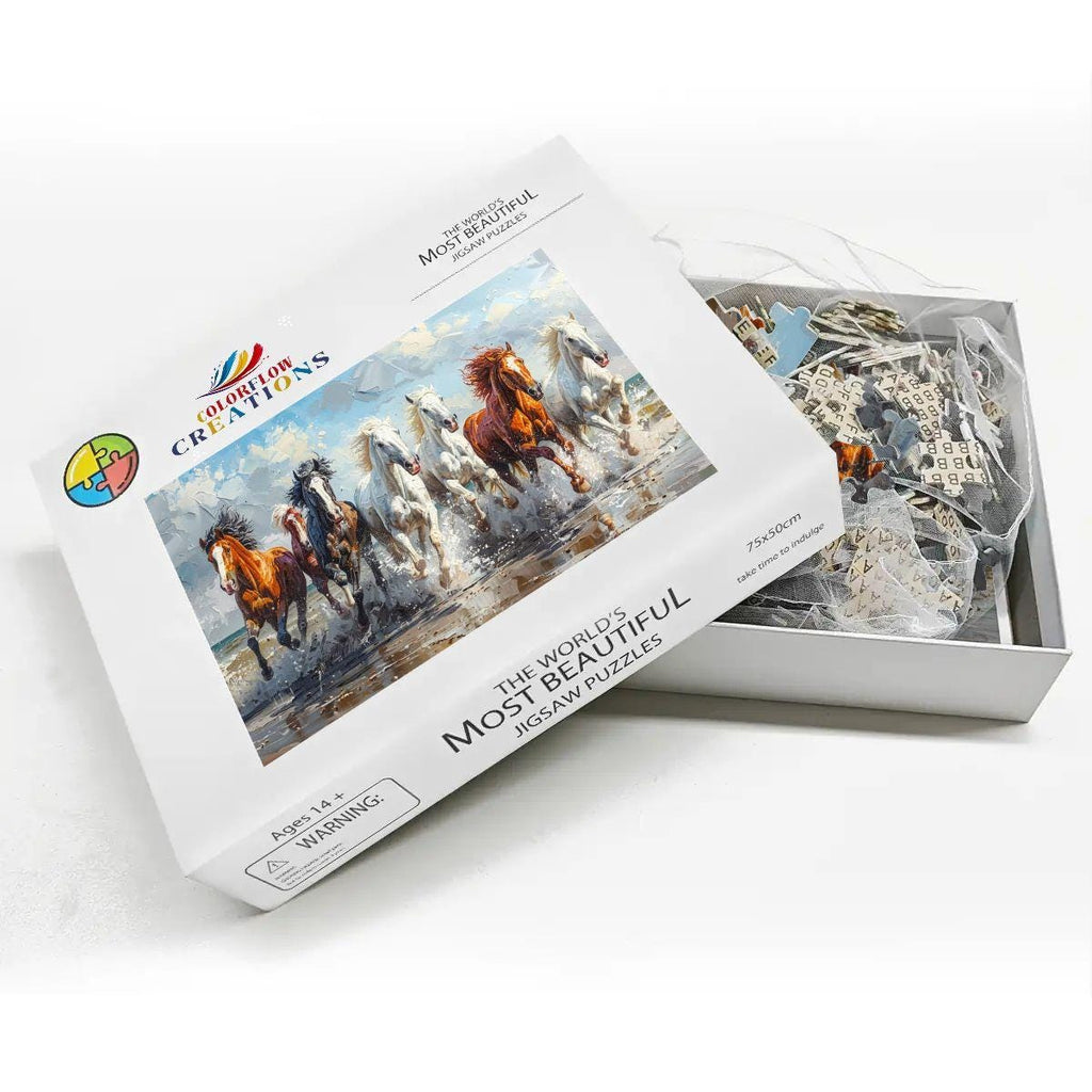 Beach Stallions wooden puzzle featuring majestic horses galloping on a sandy beach in vibrant painterly style — view 3
