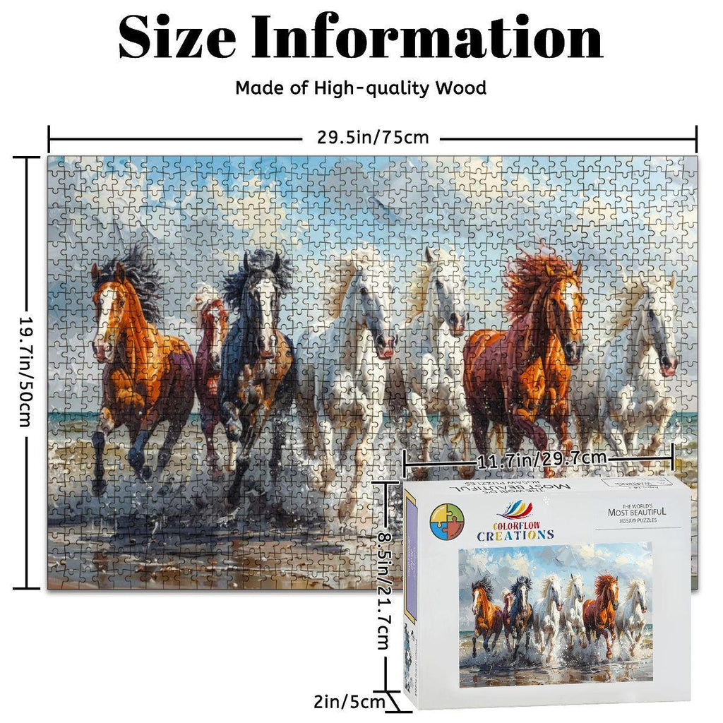 Beach Stallions wooden puzzle featuring majestic horses galloping on a sandy beach in vibrant painterly style — view 4