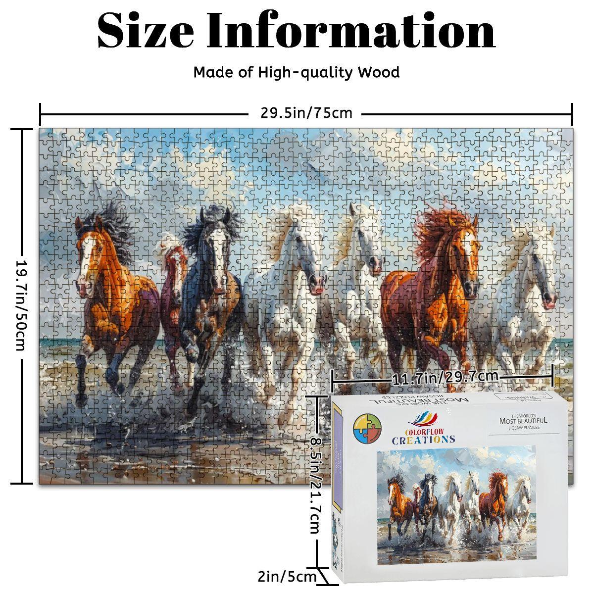 Beach Stallions wooden puzzle featuring majestic horses galloping on a sandy beach in vibrant painterly style — view 4