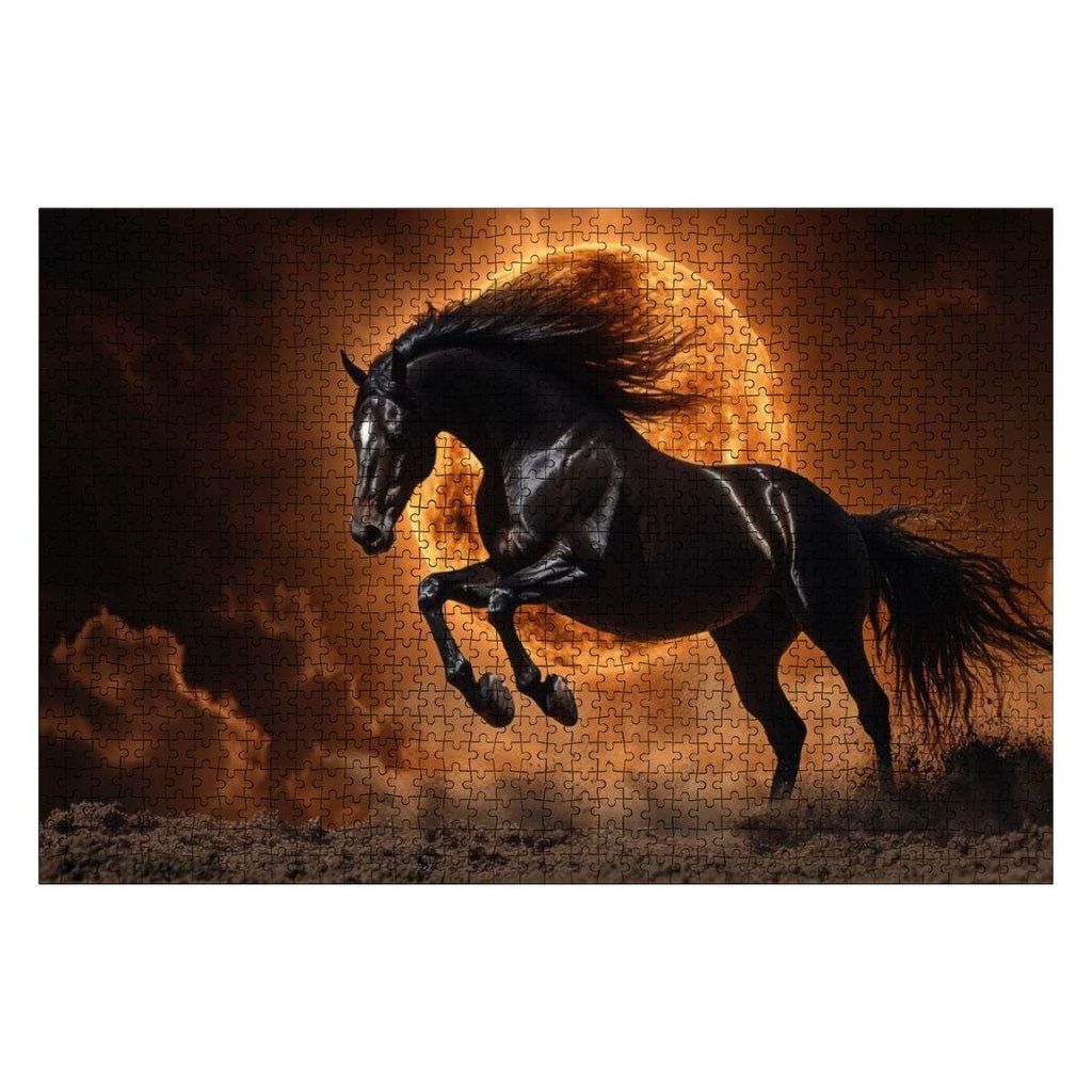 Wooden 1000-piece jigsaw puzzle featuring a black stallion silhouetted against a fiery orange solar eclipse — view 2