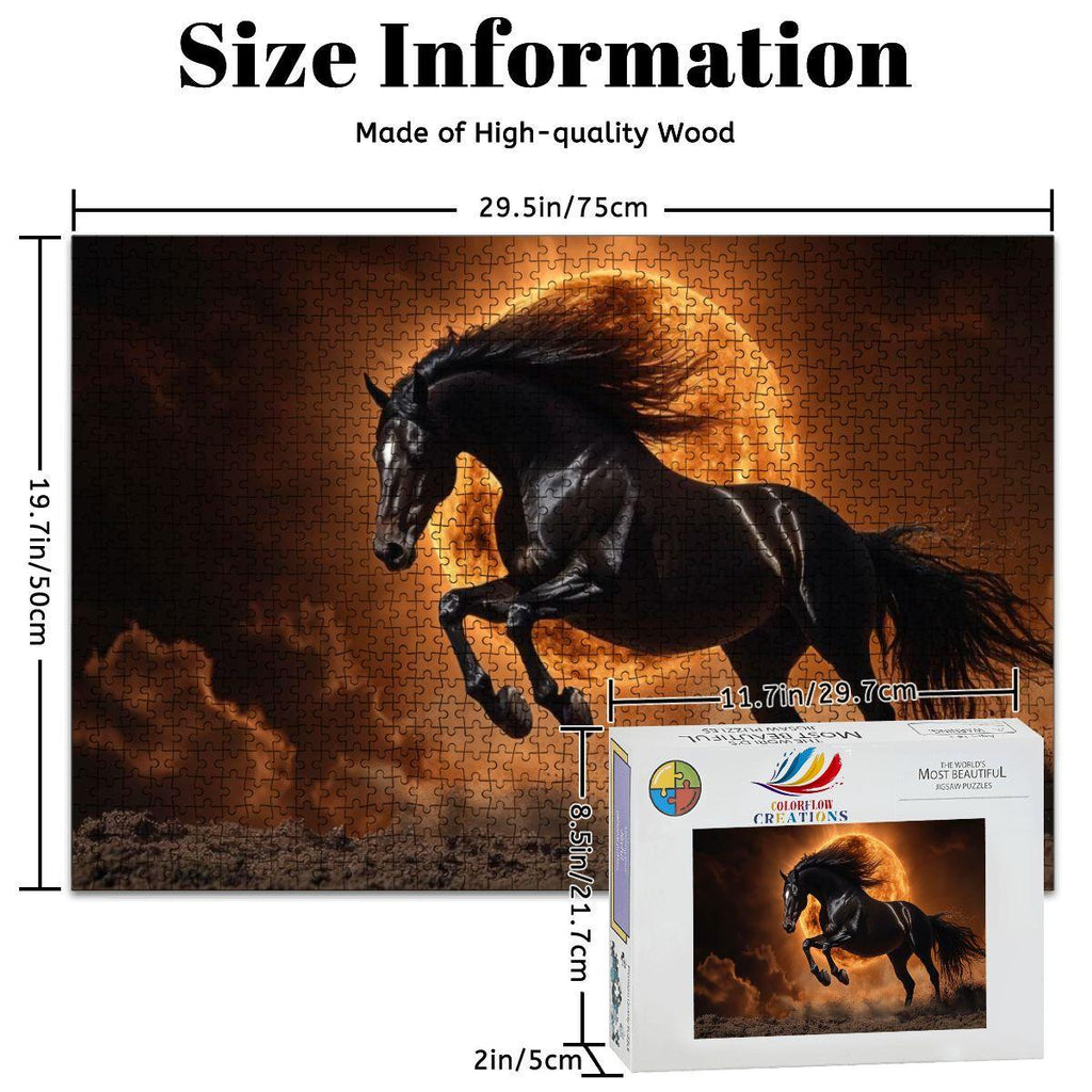 Wooden 1000-piece jigsaw puzzle featuring a black stallion silhouetted against a fiery orange solar eclipse — view 4
