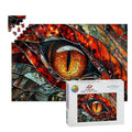 Inferno Dragon Gaze wooden puzzle showing vibrant fiery red and gold stained glass reptilian eye