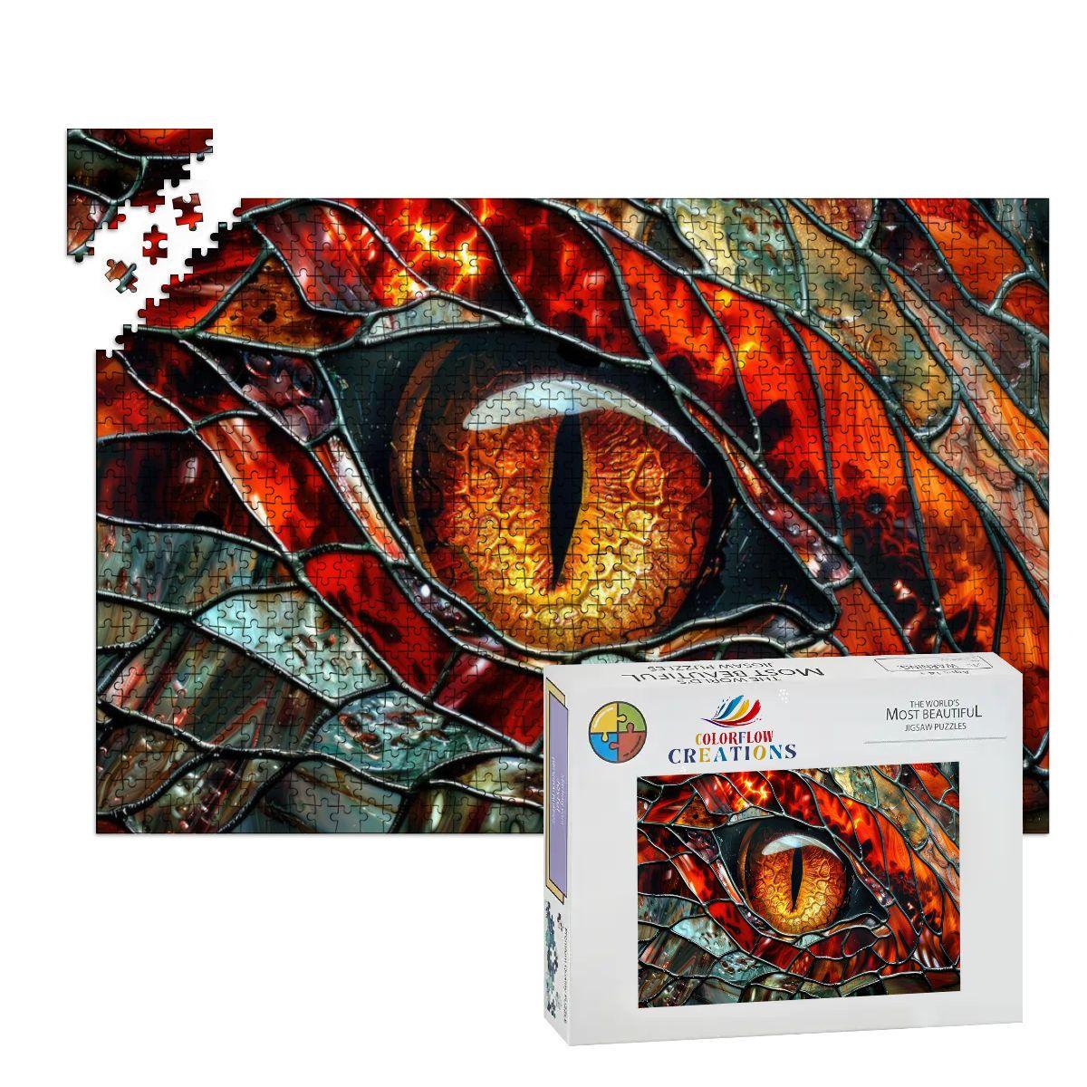 Inferno Dragon Gaze wooden puzzle showing vibrant fiery red and gold stained glass reptilian eye