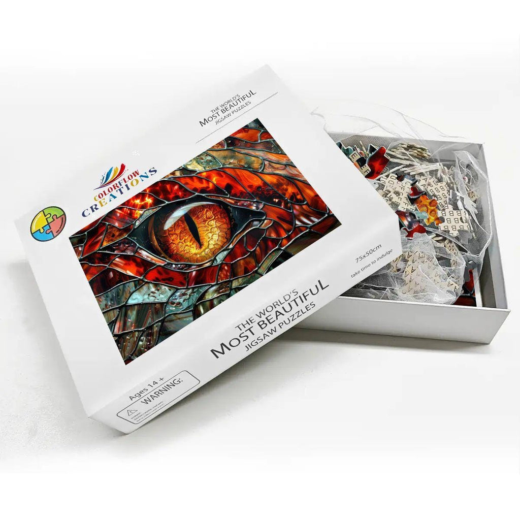 Inferno dragon eye wooden jigsaw puzzle with vibrant stained glass effect made of premium basswood — view 3