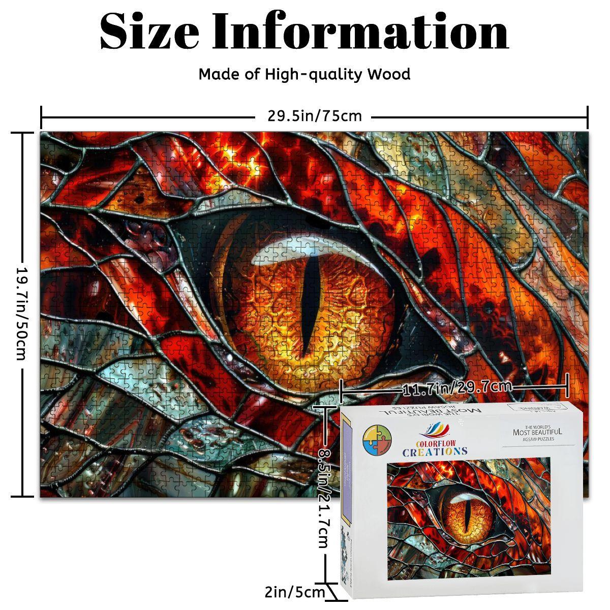 Inferno Dragon Gaze wooden puzzle showing vibrant fiery red and gold stained glass reptilian eye — view 4