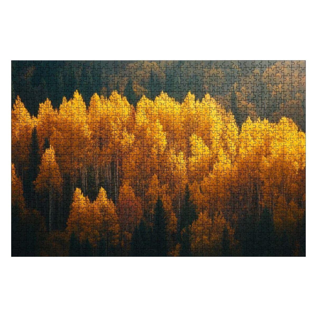 ColorFlow 1000 piece wooden jigsaw puzzle featuring a vibrant golden autumn aspen tree forest landscape — view 2