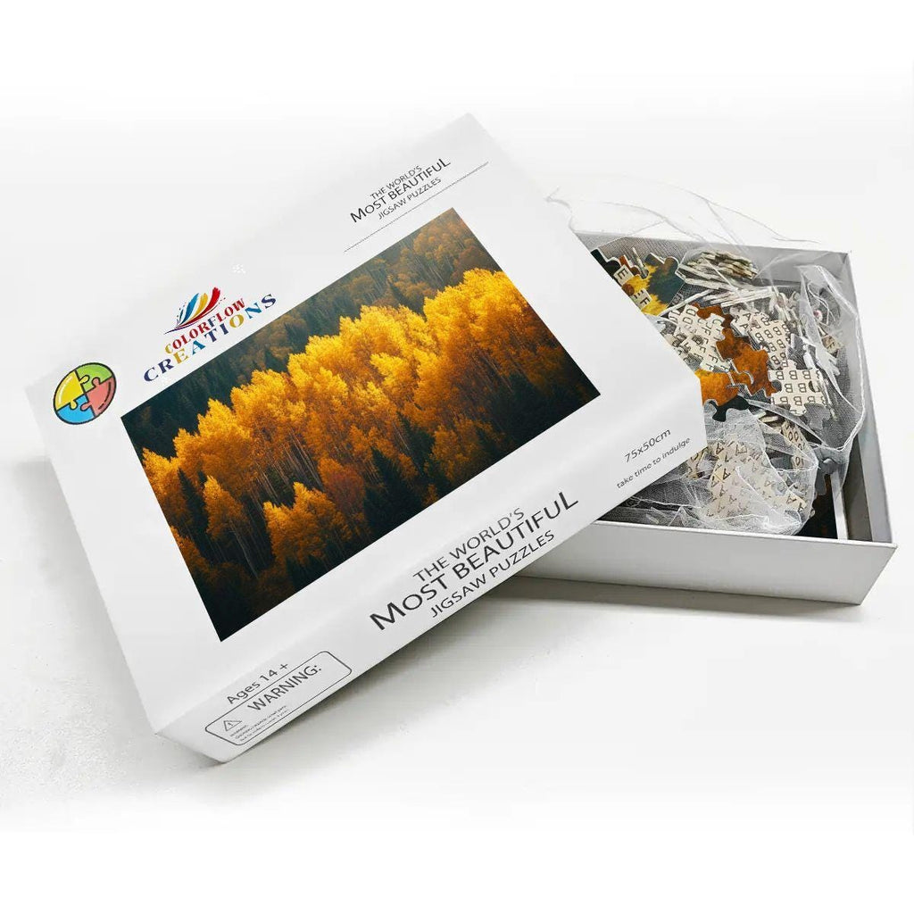 ColorFlow 1000 piece wooden jigsaw puzzle featuring a vibrant golden autumn aspen tree forest landscape — view 3