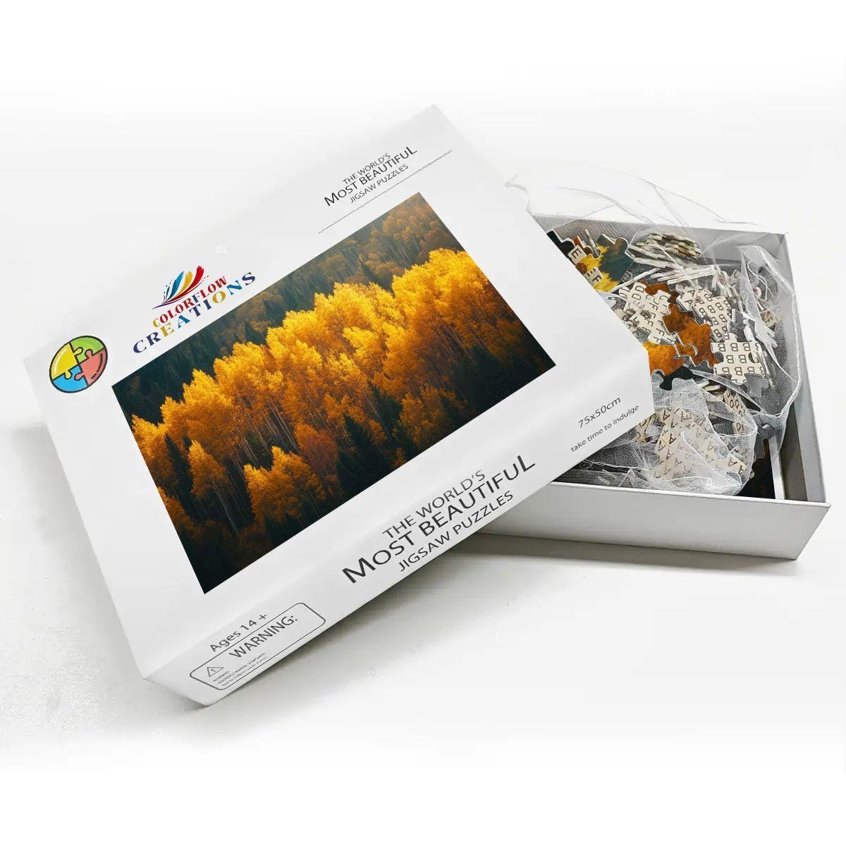 ColorFlow 1000 piece wooden jigsaw puzzle featuring a vibrant golden autumn aspen tree forest landscape — view 3