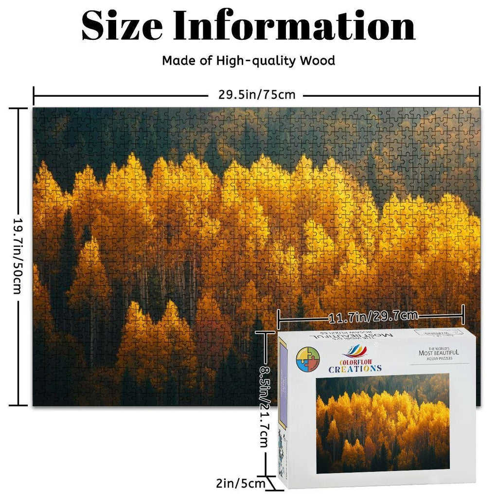 ColorFlow 1000 piece wooden jigsaw puzzle featuring a vibrant golden autumn aspen tree forest landscape — view 4