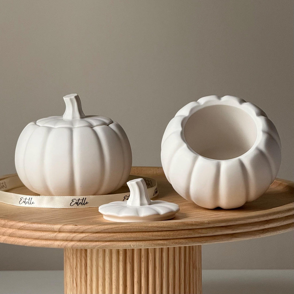Handmade Jesmonite stone pumpkin jar with lid for aesthetic autumn home decor and small storage — view 4
