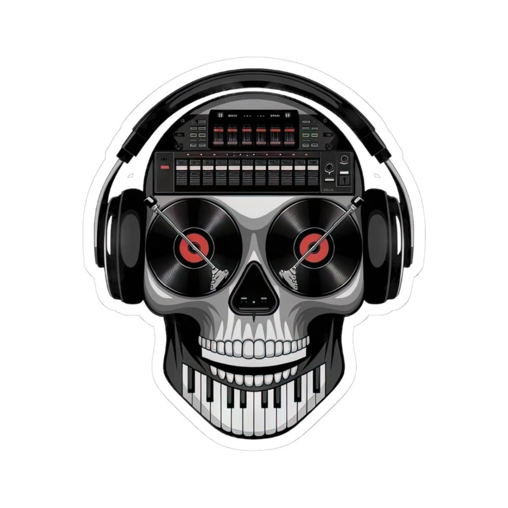 DJ skull sticker in glossy vinyl featuring turntable eyes and a sound mixer brain design