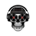 DJ skull sticker in glossy vinyl featuring turntable eyes and a sound mixer brain design