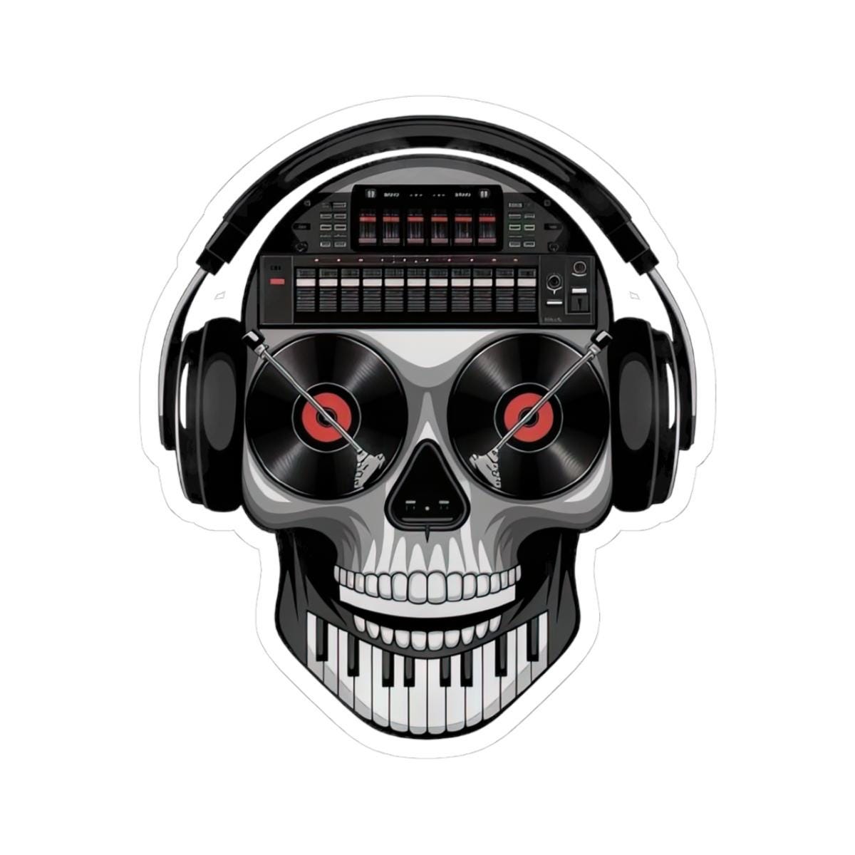 DJ skull sticker in glossy vinyl featuring turntable eyes and a sound mixer brain design