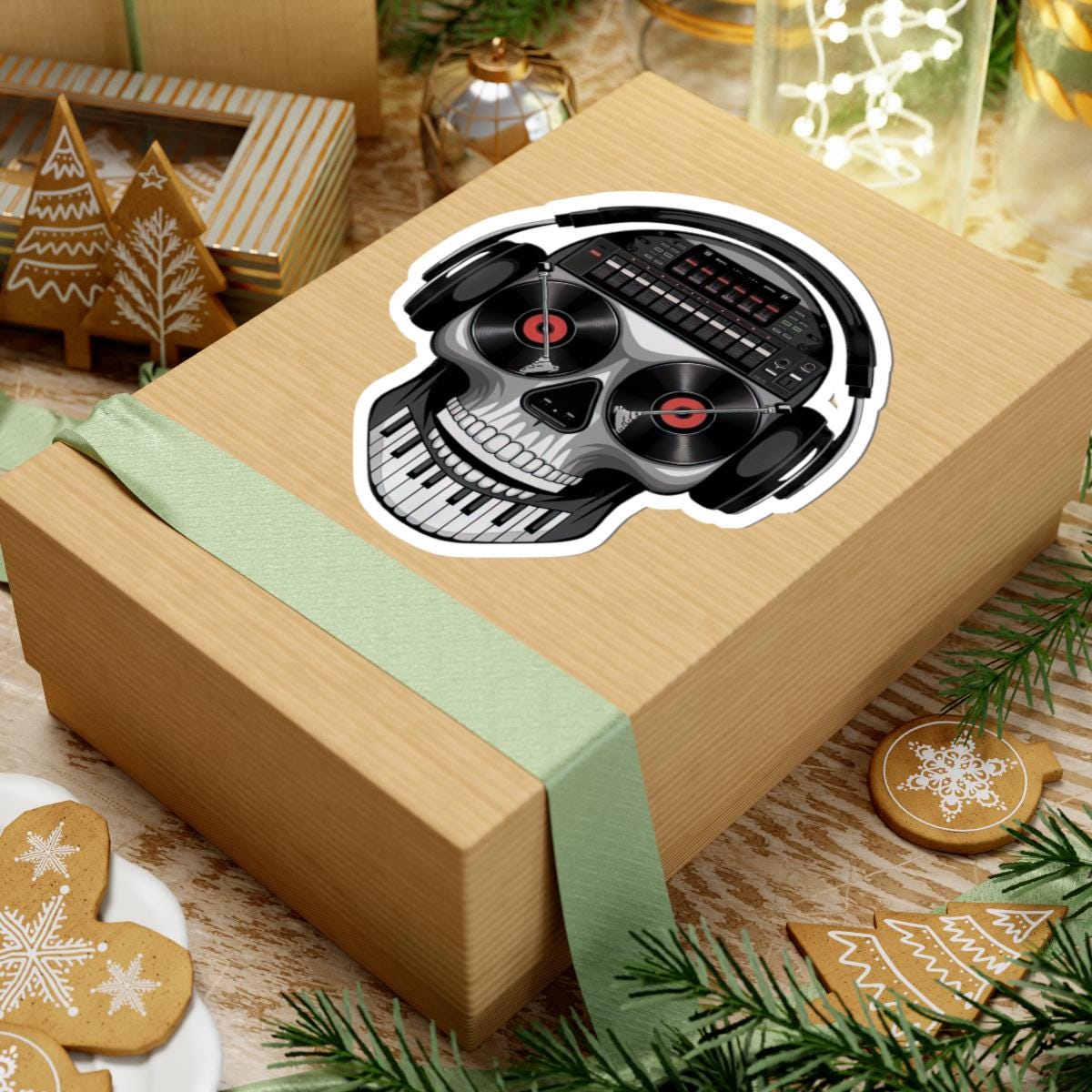 DJ skull sticker in glossy vinyl featuring turntable eyes and a sound mixer brain design — view 4