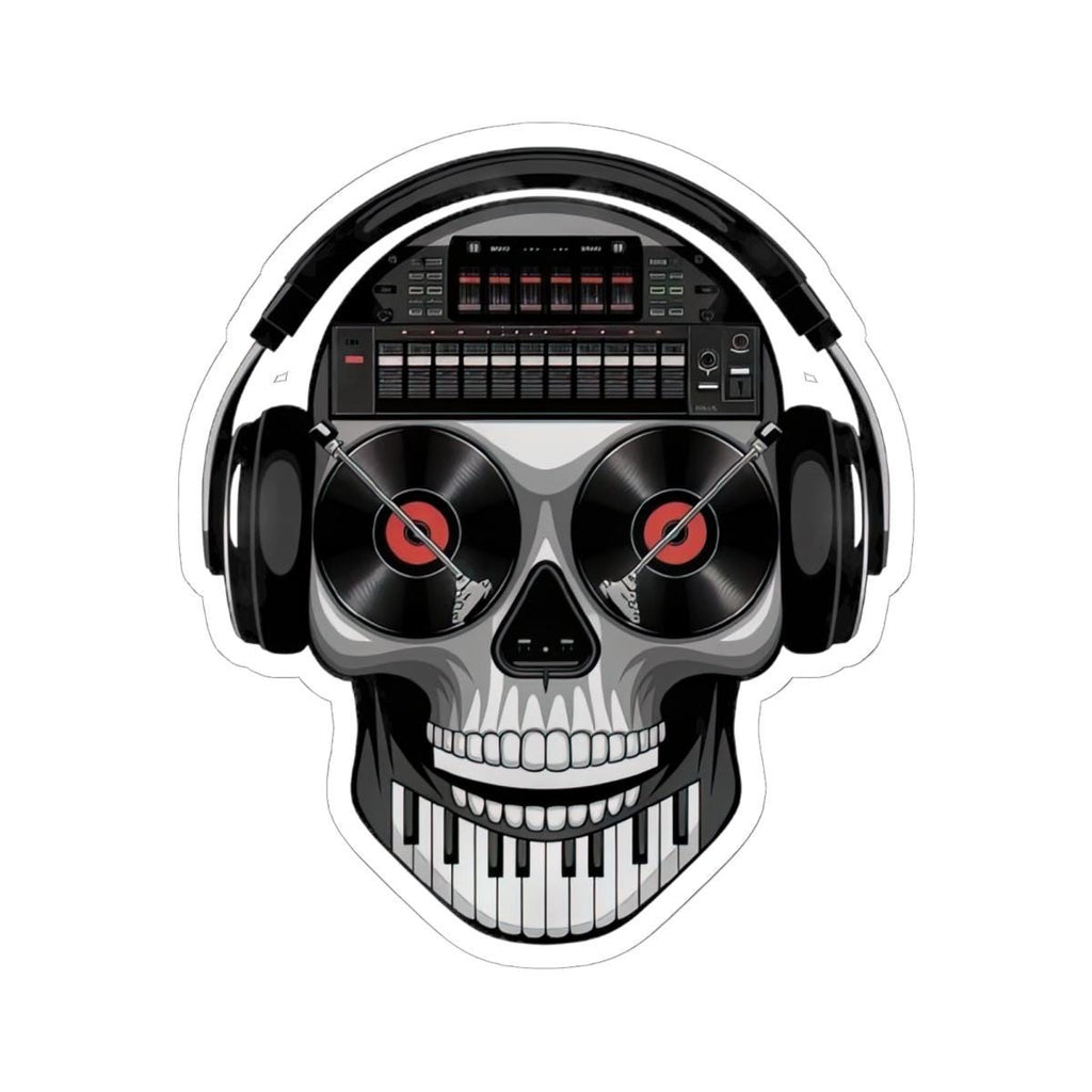 DJ skull sticker in glossy vinyl featuring turntable eyes and a sound mixer brain design — view 5