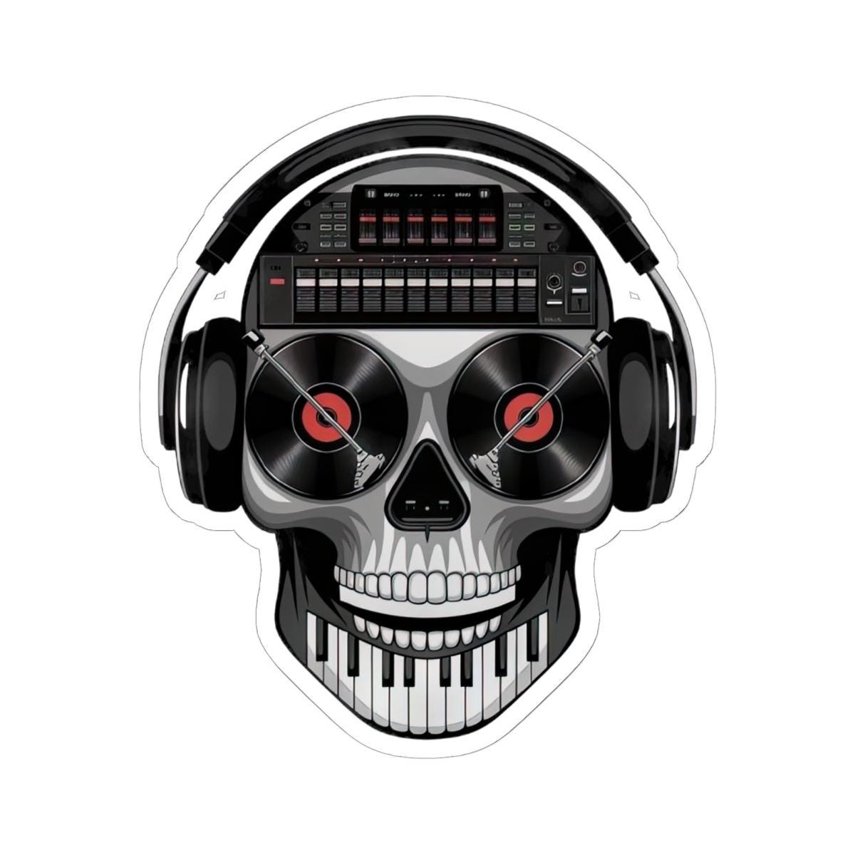 DJ skull sticker in glossy vinyl featuring turntable eyes and a sound mixer brain design — view 5