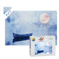 1000-piece wooden jigsaw puzzle displaying a serene silent night boat on a pastel moonlight lake