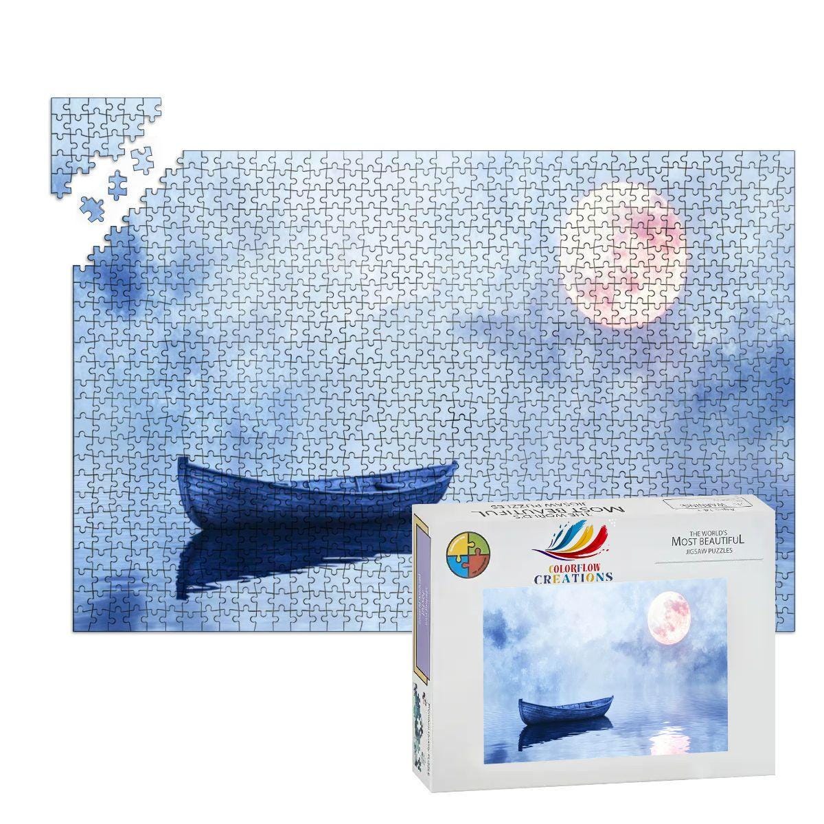 1000-piece wooden jigsaw puzzle displaying a serene silent night boat on a pastel moonlight lake