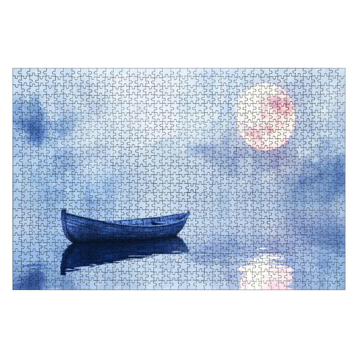 1000-piece wooden jigsaw puzzle displaying a serene silent night boat on a pastel moonlight lake — view 2