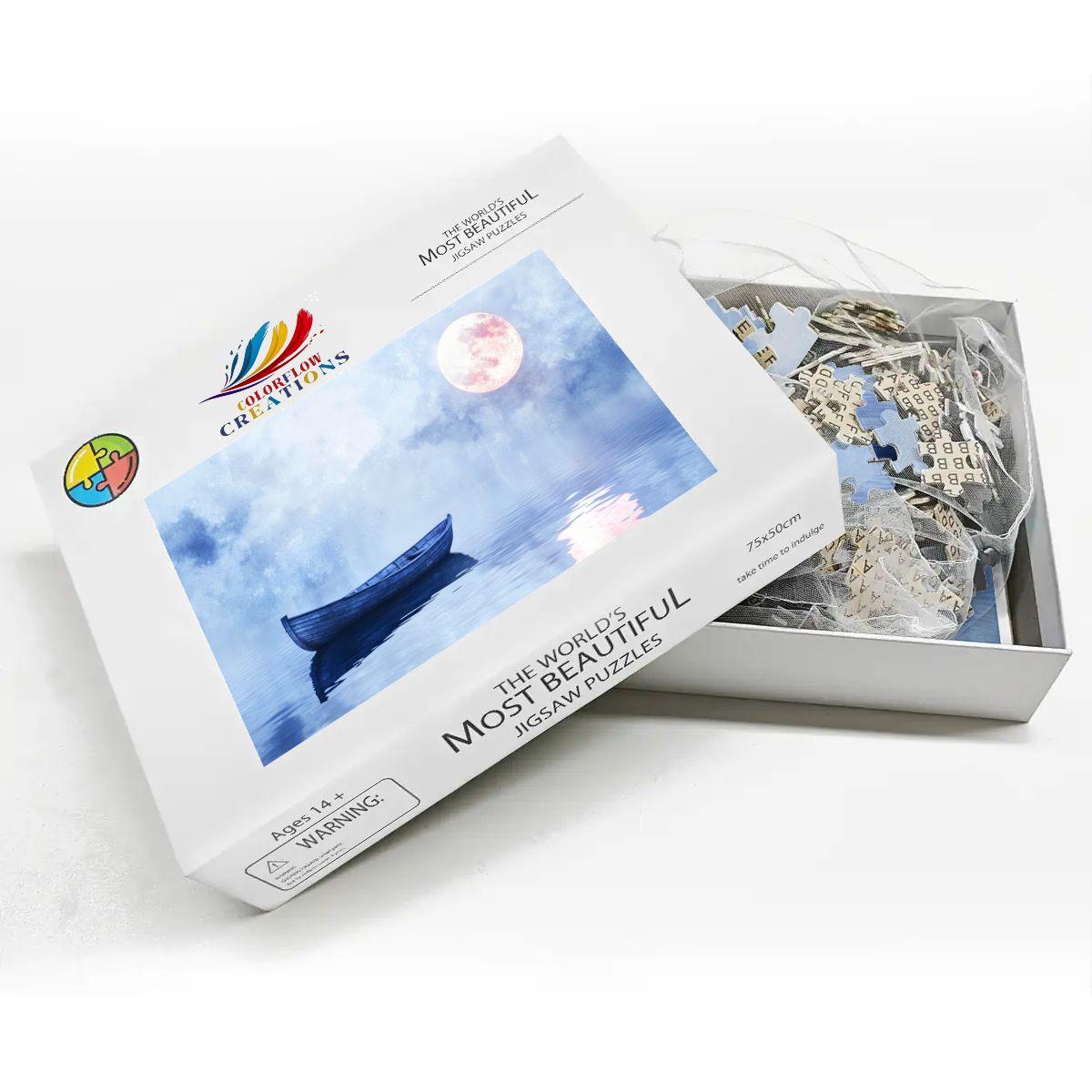 1000-piece wooden jigsaw puzzle displaying a serene silent night boat on a pastel moonlight lake — view 3